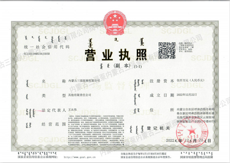 公司投資控股的“內(nèi)蒙古三強(qiáng)泵閥有限公司”正式注冊(cè)成立